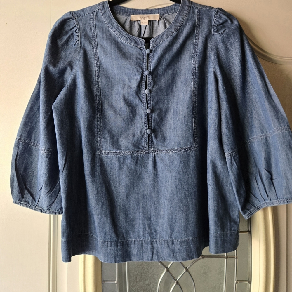 LOFT Petite Peasant Light Blue Denim Top - Small